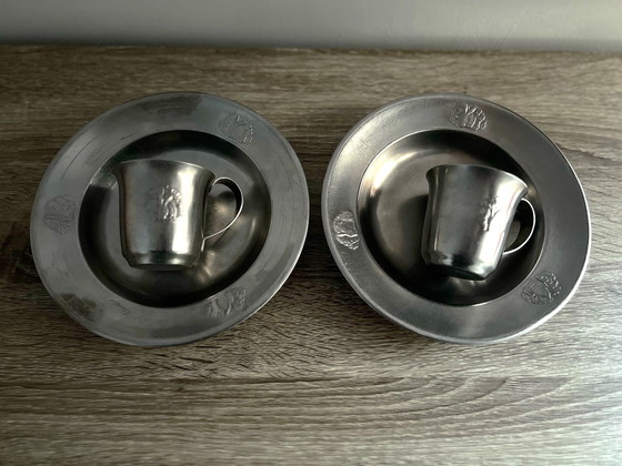 Image 1 of 2x Gero Zilmeta pewter plates and 2 pewter cups with rabbit borders