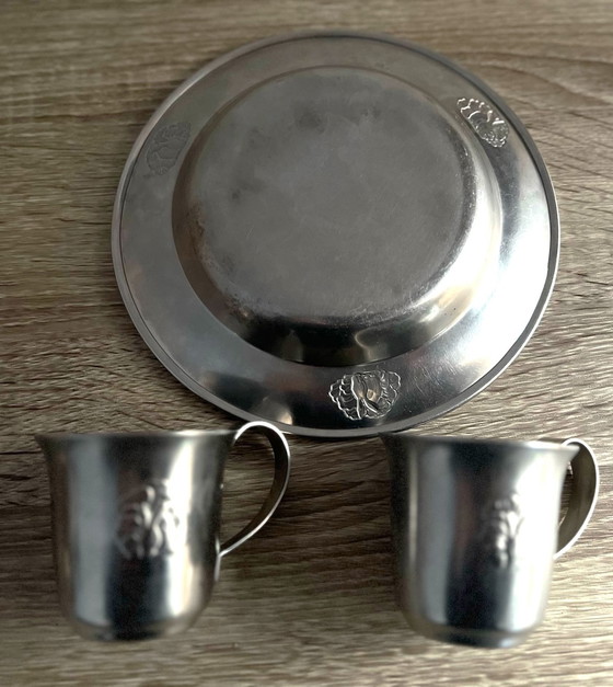 Image 1 of 2x Gero Zilmeta pewter plates and 2 pewter cups with rabbit borders