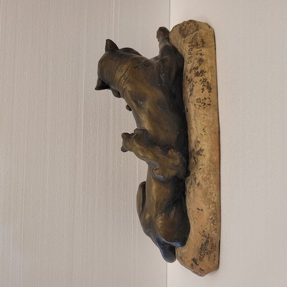 Image 1 of Vintage sculpture "Lioness with her litter" in plaster and bronze patina by Antoon Amorgasti, Belgium 1900