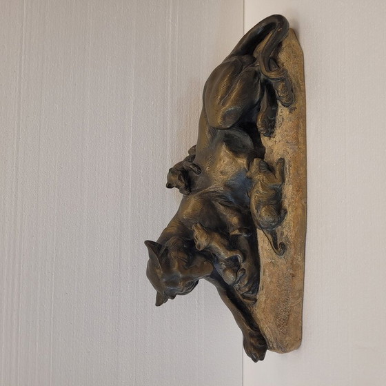 Image 1 of Vintage sculpture "Lioness with her litter" in plaster and bronze patina by Antoon Amorgasti, Belgium 1900