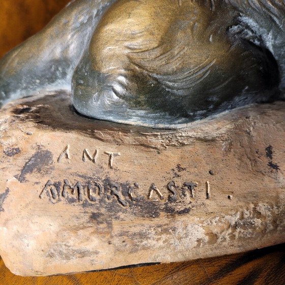 Image 1 of Vintage sculpture "Lioness with her litter" in plaster and bronze patina by Antoon Amorgasti, Belgium 1900