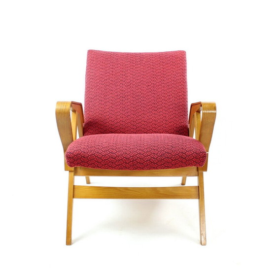 Image 1 of Vintage armchair in pink fabric and oak for Tatra, Czechoslovakia 1960