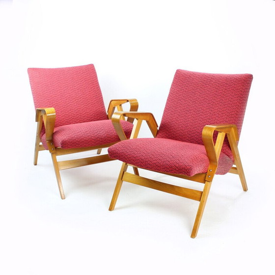 Image 1 of Vintage armchair in pink fabric and oak for Tatra, Czechoslovakia 1960