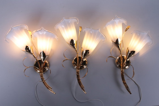 Image 1 of 24 Ct gold plated Tulip glass sconces Italian Design 1970