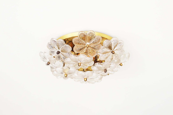 Image 1 of 1X Medium Size Brass And Glass Flower Flush Mount Light By E. Palme