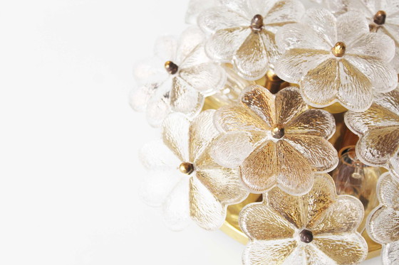 Image 1 of 1X Medium Size Brass And Glass Flower Flush Mount Light By E. Palme