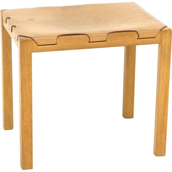 Image 1 of Vintage leather and oakwood stool "Model 1040" by Glasmäster Markaryd, Sweden 1960