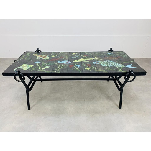 Vintage wrought iron and enamelled lava coffee table by Jacques Adnet and Guidette Carbonell, France 1950