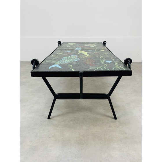 Image 1 of Tavolino da caffè vintage in ferro battuto e lava smaltata di Jacques Adnet e Guidette Carbonell, Francia 1950