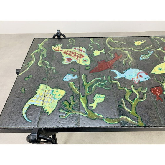 Image 1 of Tavolino da caffè vintage in ferro battuto e lava smaltata di Jacques Adnet e Guidette Carbonell, Francia 1950