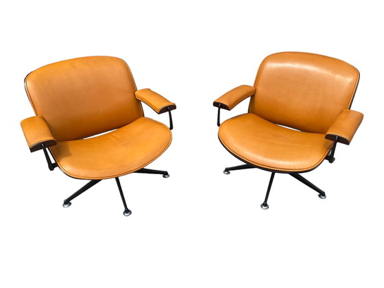 Image 1 of Set of 2 cognac leather lounge chairs by Ico Parisi for MIM Roma