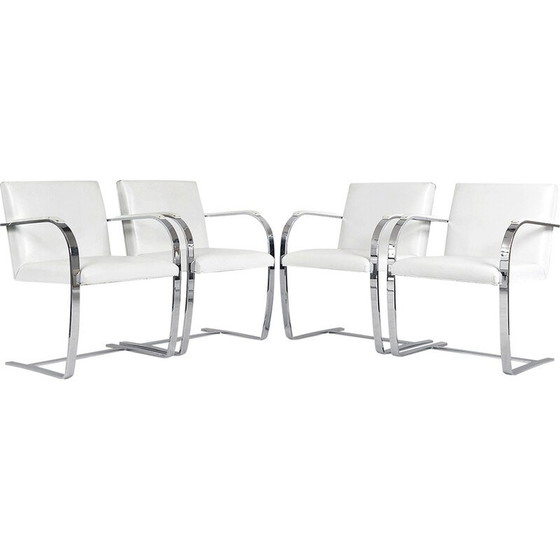 Image 1 of Vintage Flat Bar 255 dining chairs in white leather and chrome steel by Mies Van der Rohe for Knoll Studio