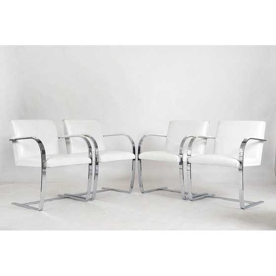 Image 1 of Vintage Flat Bar 255 dining chairs in white leather and chrome steel by Mies Van der Rohe for Knoll Studio