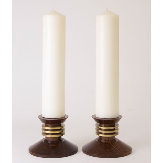Image 1 of Pair of vintage oak and brass candlesticks by Louis Proudhon, France 1930