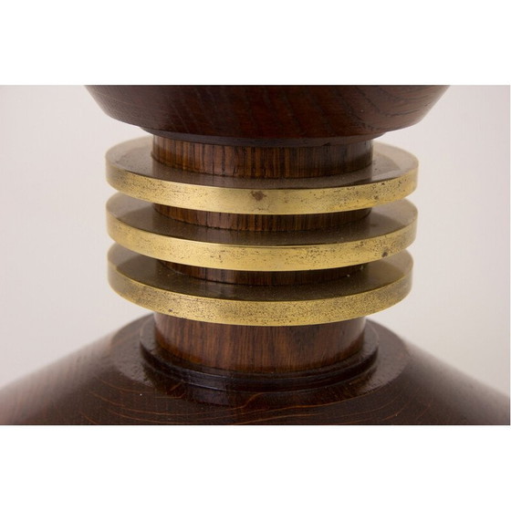 Image 1 of Pair of vintage oak and brass candlesticks by Louis Proudhon, France 1930