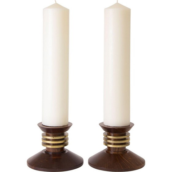 Image 1 of Pair of vintage oak and brass candlesticks by Louis Proudhon, France 1930
