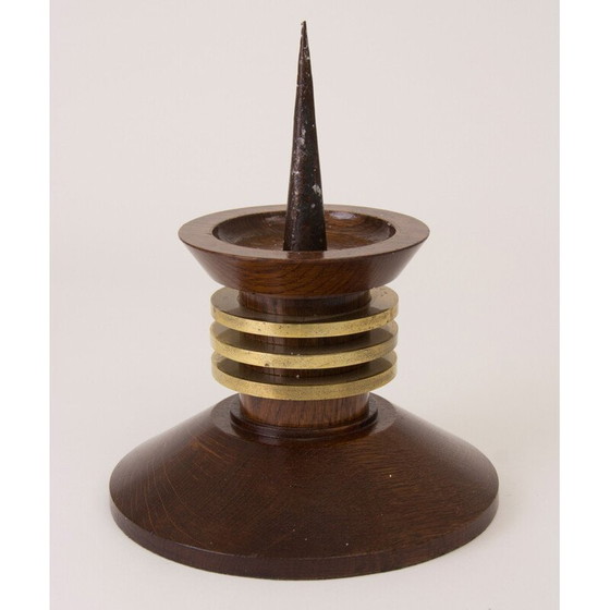 Image 1 of Pair of vintage oak and brass candlesticks by Louis Proudhon, France 1930