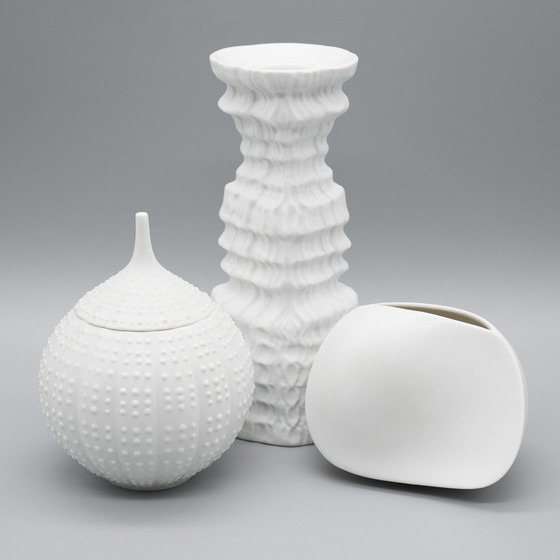 Image 1 of Rosenthal Bisque Porcelain Vase Lid-Box Candleholder Trio Martin Freyer Uta Feyl