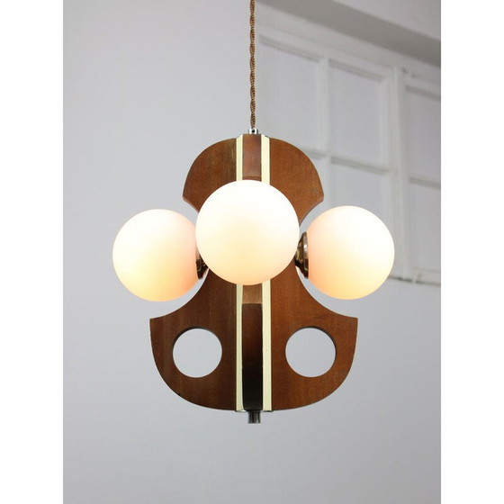 Image 1 of Vintage chandelier in chrome steel and opaline glass, 1960