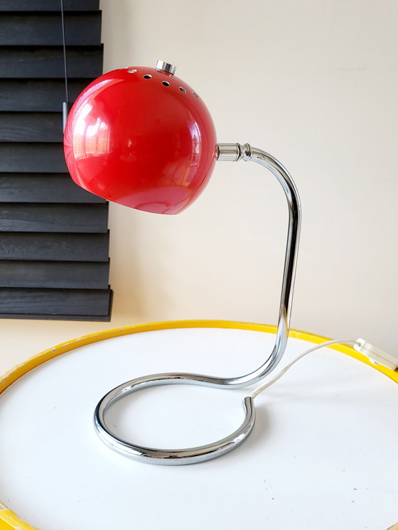 Image 1 of Space age desk lamp red eye ball on chrome turned base, 1970s