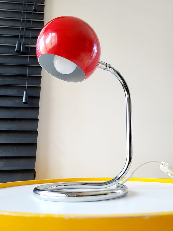 Image 1 of Space age desk lamp red eye ball on chrome turned base, 1970s