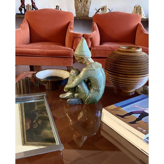 Image 1 of Vintage green ceramic figurine of a seated boy by Giordano Tronconi, Italy 1950
