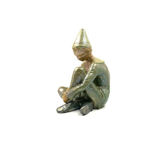 Image 1 of Vintage green ceramic figurine of a seated boy by Giordano Tronconi, Italy 1950