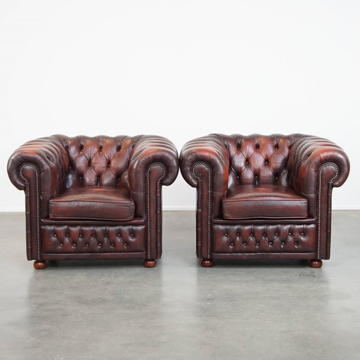 2 X Dark Red Beef Leather Chesterfield Armchair