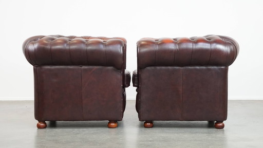 2 X Dark Red Beef Leather Chesterfield Armchair