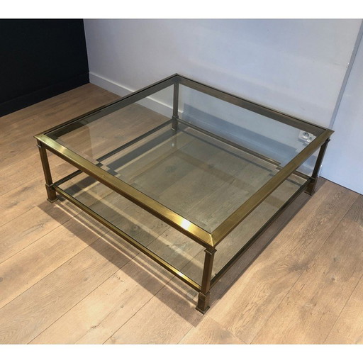 Vintage square coffee table in gold patinated steel, France 1970