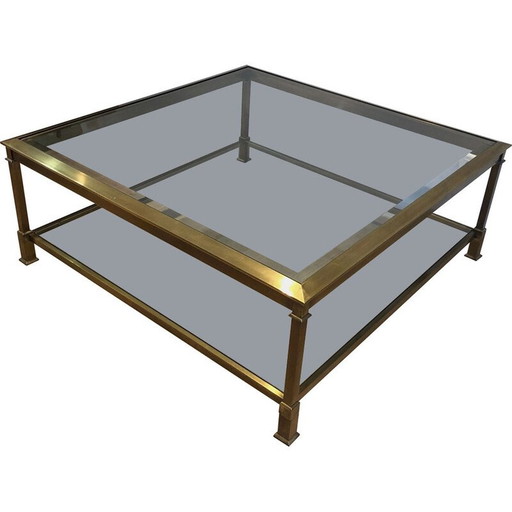 Vintage square coffee table in gold patinated steel, France 1970