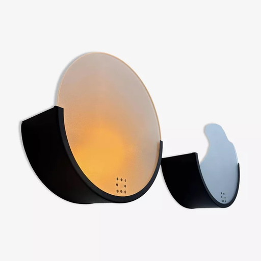 2 lampade da parete geometriche vintage, metallo nero e vetro sabbiato, Delmas