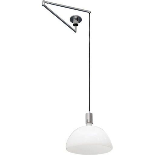 Vintage "AS/AM" chandelier in chrome metal and opaline glass by Franco Albini and Franca Helg for Sirrah, Italy 1970