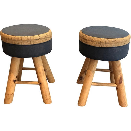 Pair of vintage stools in pine wood, France 1970