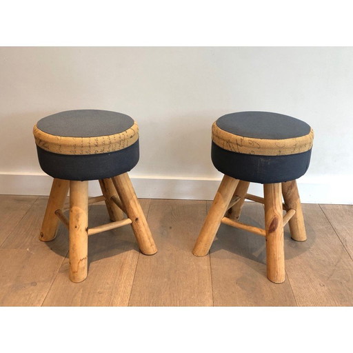 Pair of vintage stools in pine wood, France 1970