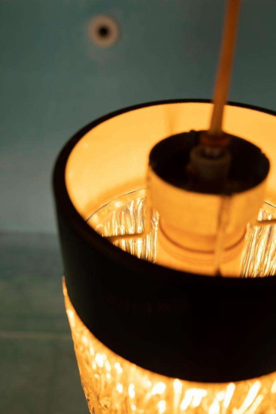 Image 1 of Vintage glass pendant lamp 1960s, ribbed glass Japandi lamp