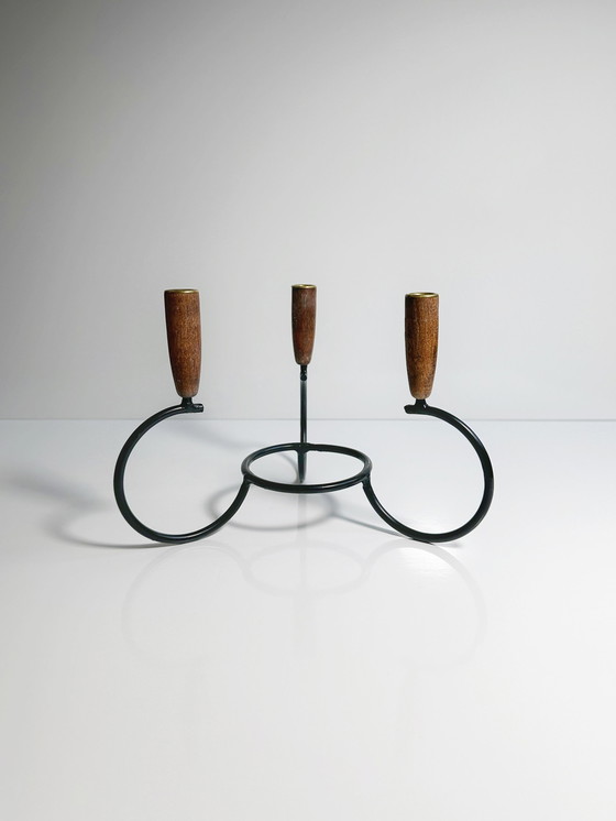 Image 1 of Danish Mid - Century candle holder Lüthje Denmark metal teak wood candle holder 50s 60s 70s