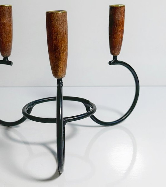 Image 1 of Danish Mid - Century candle holder Lüthje Denmark metal teak wood candle holder 50s 60s 70s