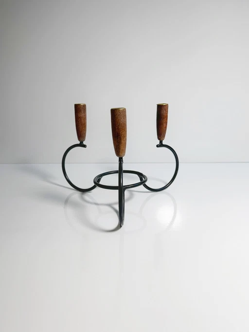 Danish Mid - Century candle holder Lüthje Denmark metal teak wood candle holder 50s 60s 70s