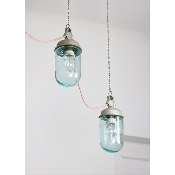 Image 1 of Pair of industrial blue glass and grey metal vintage hangers