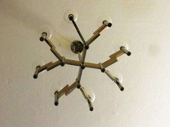 Image 1 of Lampadario italiano a 8 bracci in ottone e vetro di Gaetano Sciolari, anni '70