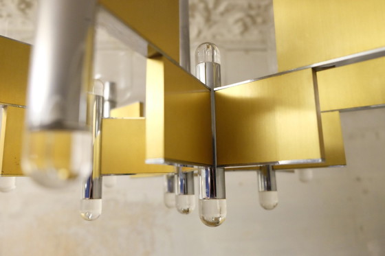 Image 1 of Lampadario italiano a 8 bracci in ottone e vetro di Gaetano Sciolari, anni '70