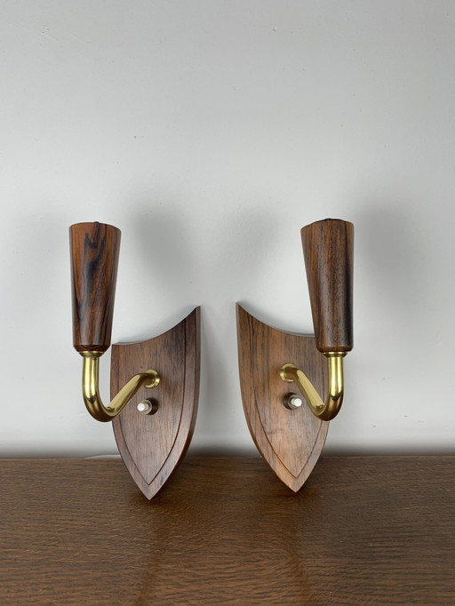 Pair Of Rosewood Wall Lights, Denmark, 1960