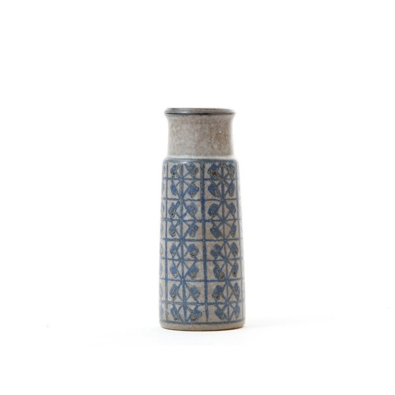 Scandinavian vintage ceramic cylindrical vase with blue patterns
