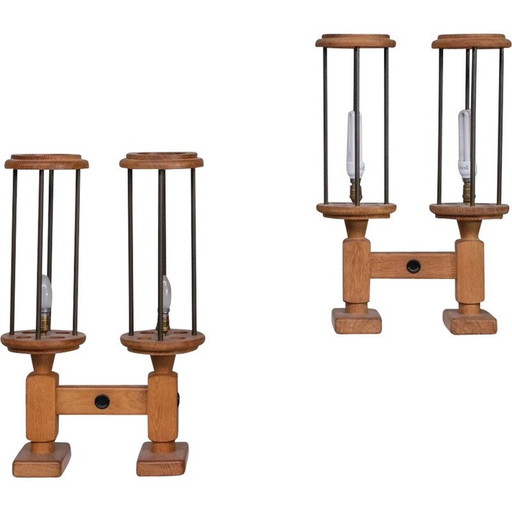 Pair of vintage oak table lamps by Guillerme et Chambron, France 1960