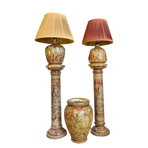 Very Unique Hand Painted Ceramic Set Of Lamps/Columns By Biagioli Gubbio, Italy 1970S