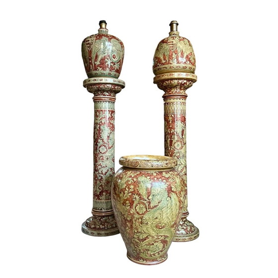 Image 1 of Very Unique Hand Painted Ceramic Set Of Lamps/Columns By Biagioli Gubbio, Italy 1970S