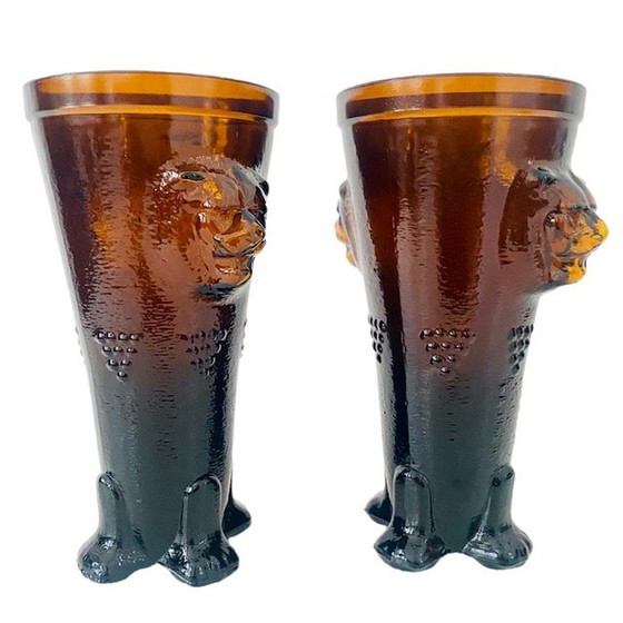 Image 1 of Mid - Century Lion vases set in amber ochre glass 1970's