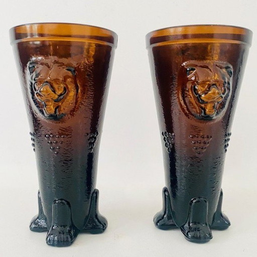 Mid - Century Lion vases set in amber ochre glass 1970's