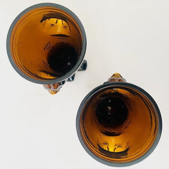 Image 1 of Mid - Century Lion vases set in amber ochre glass 1970's